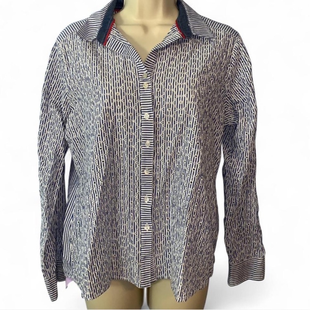 VLT Valentina blue White Striped eyelet button down long sleeve size large Italy